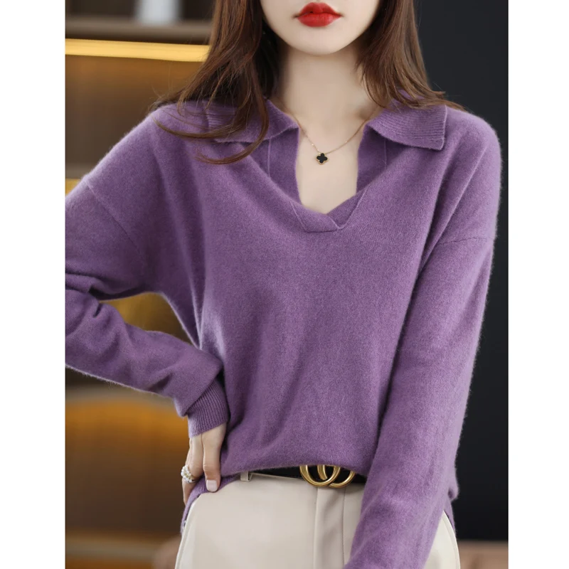 Autumn Winter New Woman 100% Wool Sweater Soft Polo Collar Pullover Casual Knitted Solid Color Tops Cashmere Female Sweater