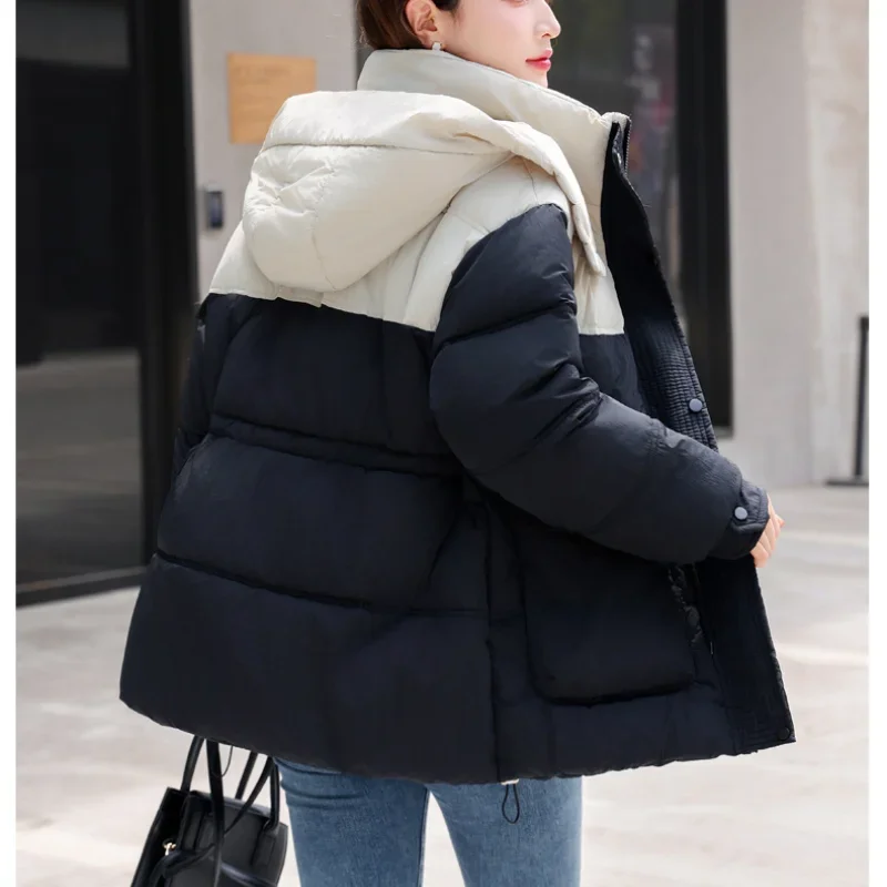 Black White Patchwork New Outerwears Women Winter Coat Hooded Big Pockets Parkas Pleated Waist Zipper Single Breasted Jacket