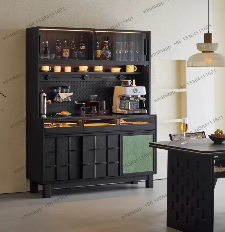 

Retro solid wood dining side cabinet integrated storage against the wall ash wood living room black storage wine cabinet