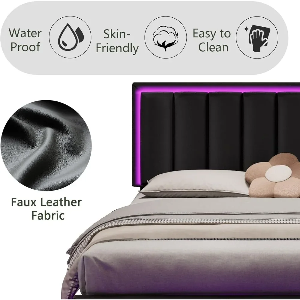 إطار سرير، إطار سرير منجد بحجم كوين مع لوح رأسي، أضواء LED RGB، دعم شرائح من الخشب الصلب، بدون صندوق