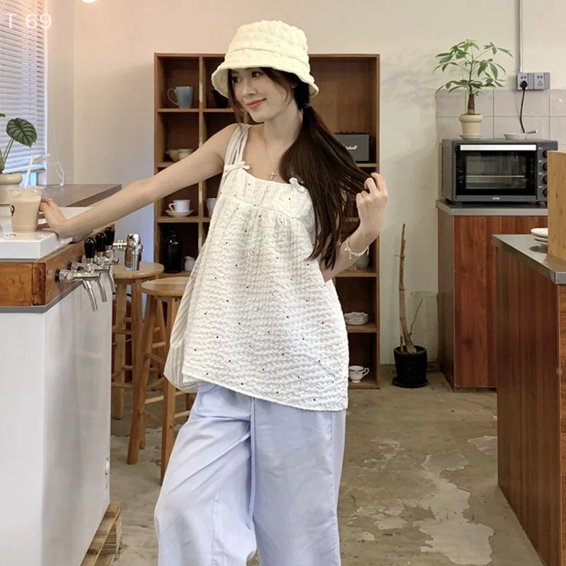 

Женский дизайн Sense Niche Seaside Top с узлом-бабочкой без рукавов, свободный повседневный жилет, летняя французская милая камзол в горошек