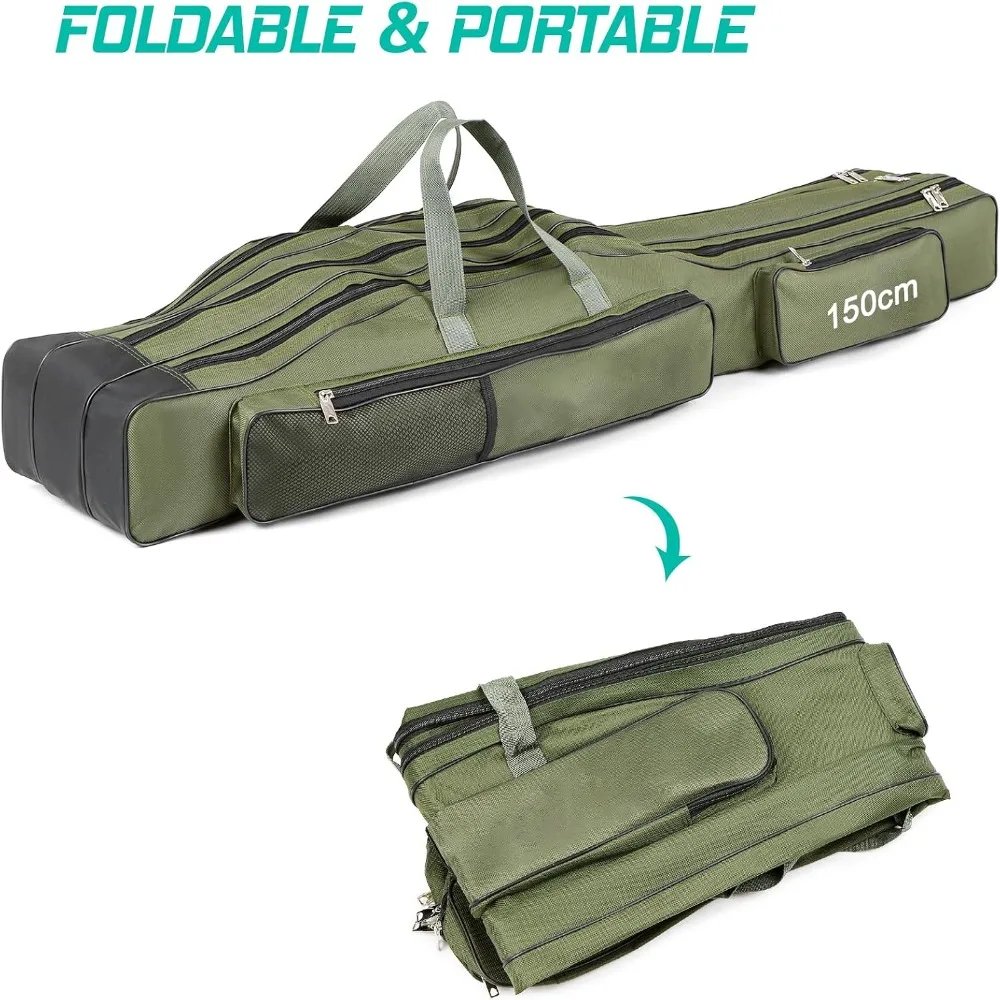 with Tackle Box Fishing Rod Case Folding Large Compartments Fishing Rod Bag Oxford Fabric Pole Reel Storage Bag Outdoor Use