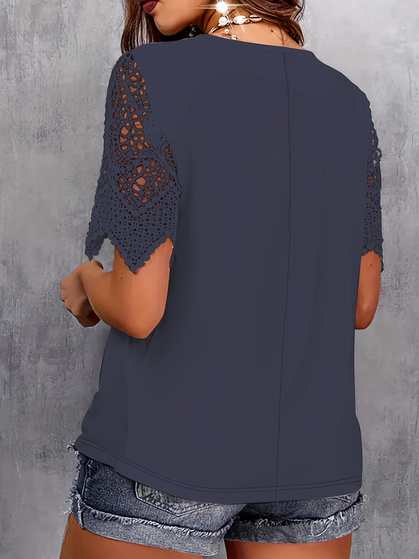 Women's Navy Blue Lace - Detailed Top V - Neck Short Sleeve Flowy Shirt