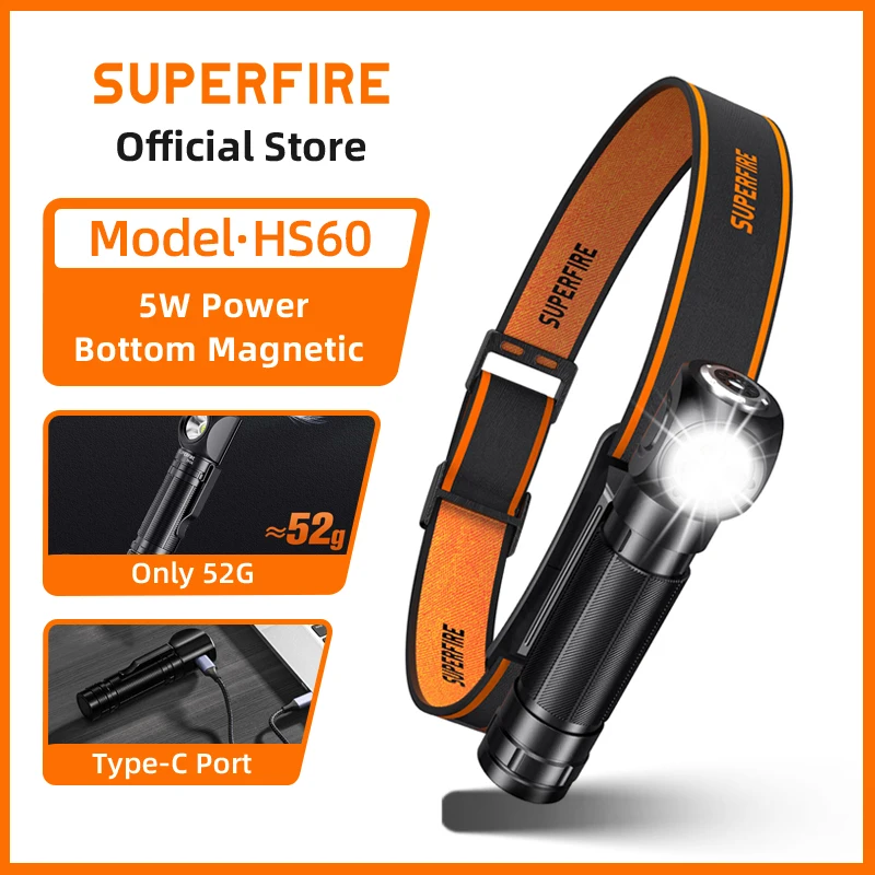 

SUPERFIRE HS60 LED Magnetic Headlamp USB C Rechargeable Headlight 900LM Super Bright 18650 Head Flashlight Work Camp Light