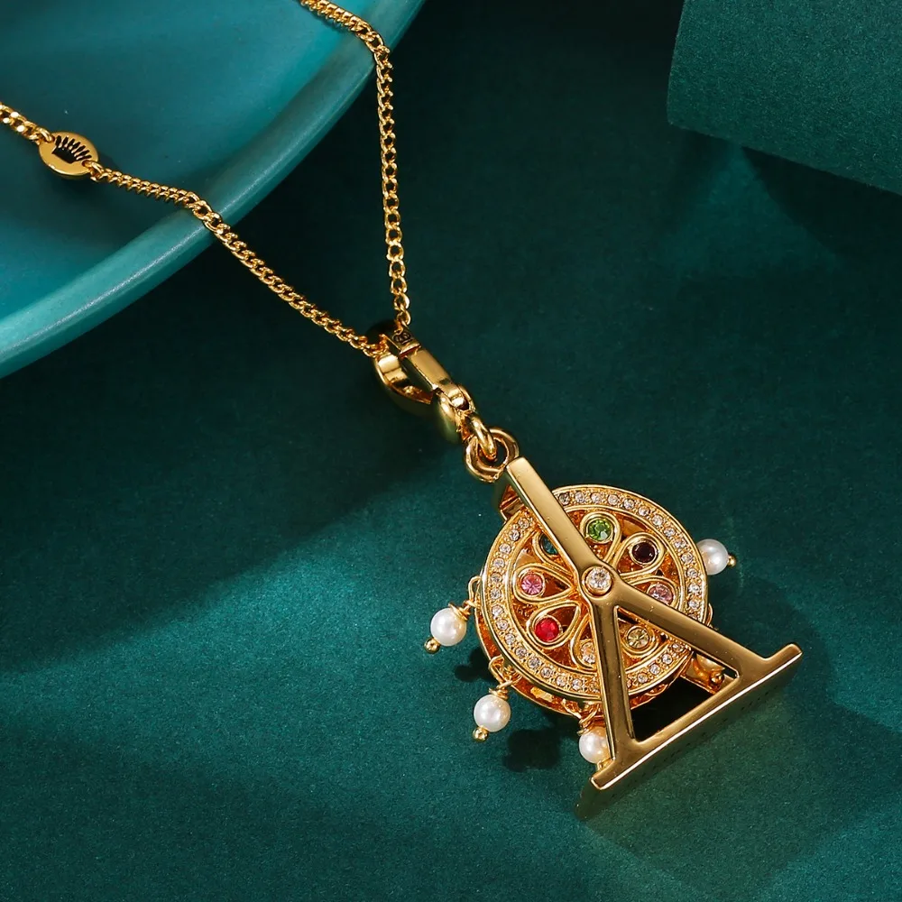 

Fashion Movable Windmill Ornament Colorful Crystal Pearl Ferris Wheel Pendant Necklace Elegant Clavicle Chain Jewelry Gift Women