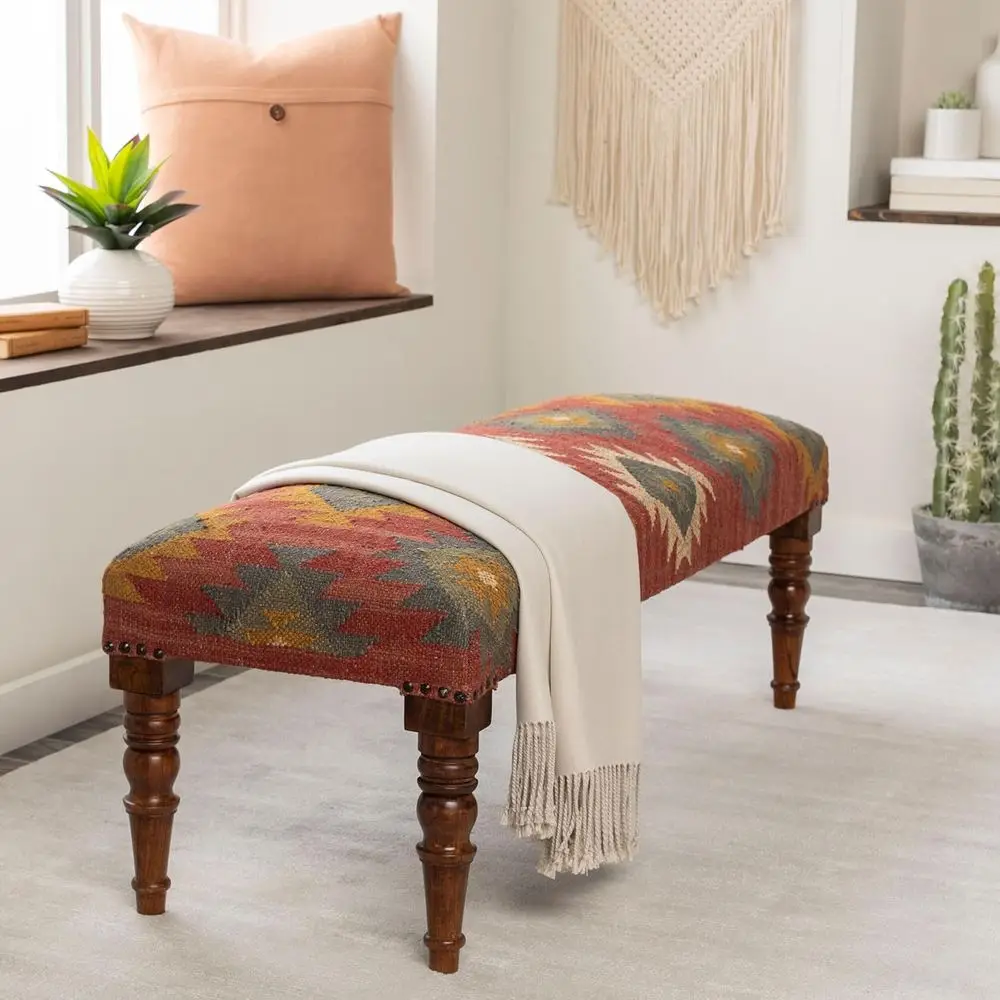 Upholstered Bedroom Bench, Red End of Bed Ottoman, Rustic Boho Entryway Stool, Handcrafted Accent Furniture for Living and Dinin