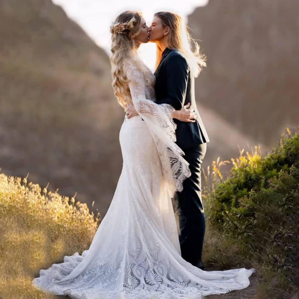 Long Bell Scalloped Sleeves V Neck Wedding Dress Customized Outdoor Mermaid Fit Boho Open Back Lace Bridal Gown With Train