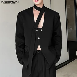 INCERUN Men Fashion Blazer Strap Halter Neck Long Sleeve V Neck Hollow Out Sexy Party Wear Suit Stylish Male Outfits Coat