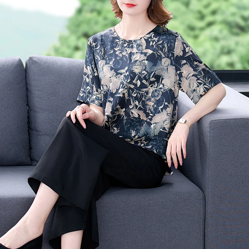 2024 New Floral Natural Silk Short Sleeve Blouses Women Fashion Elegant Bodycon Top Shirts Summer Korean Vintage Casual Shirts