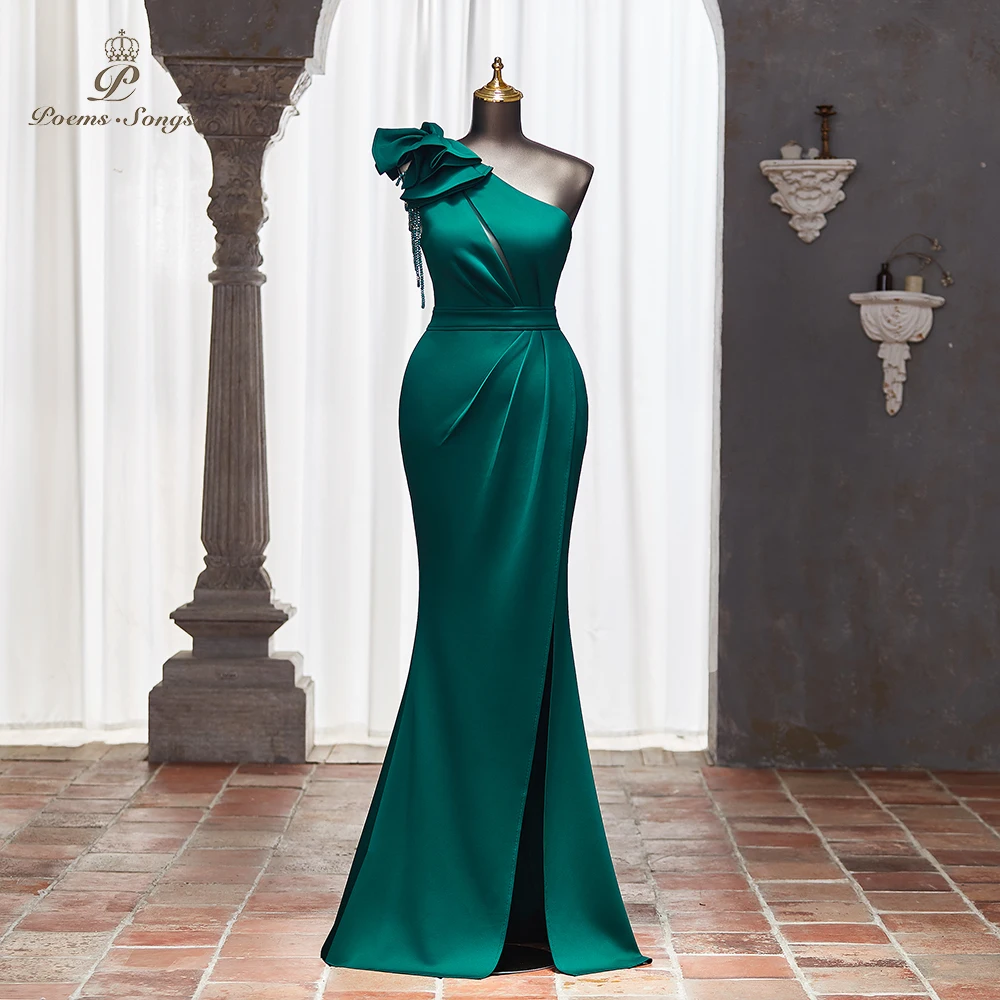 Sexy Green One-Shoulder Mermaid Evening Dresses with Side Slit Beading Ruched Detail and Satin for Prom or Special Occasions