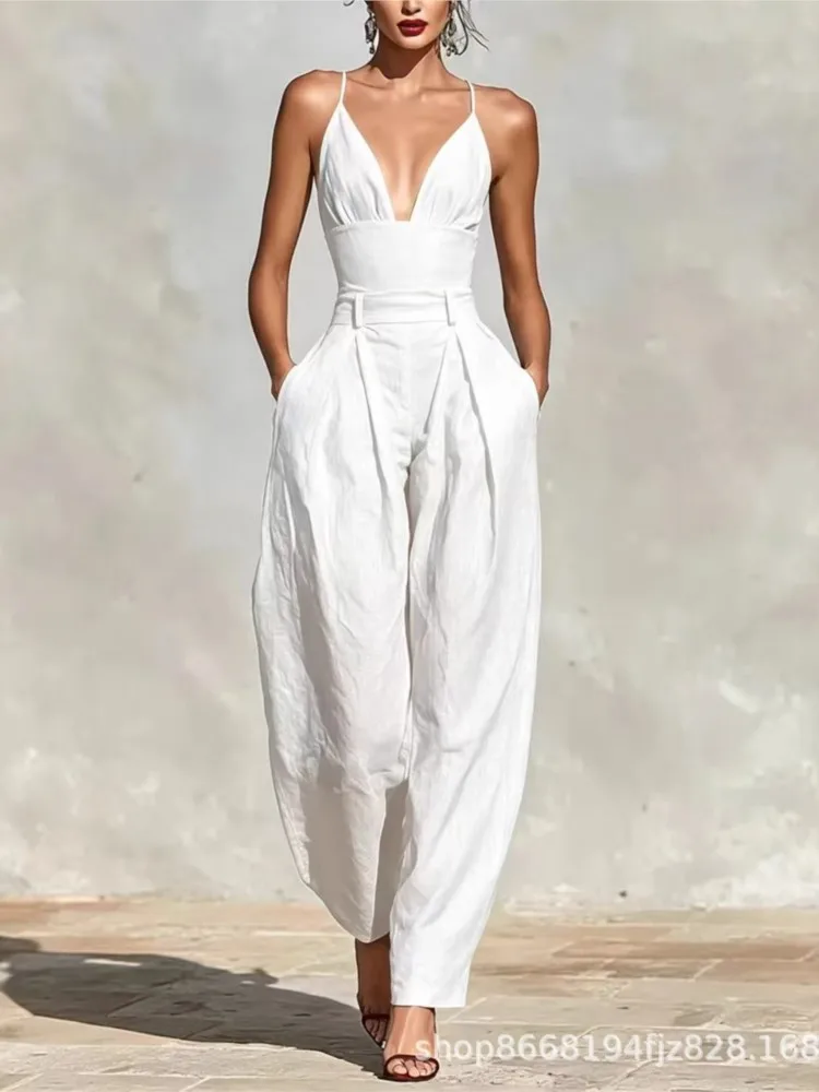 Fashion Sexy V-Neck Spaghetti Strap Jumpsuit Women High Waist Wide Leg Casual Romper Summer Boho Solid Backless Pockets Overalls