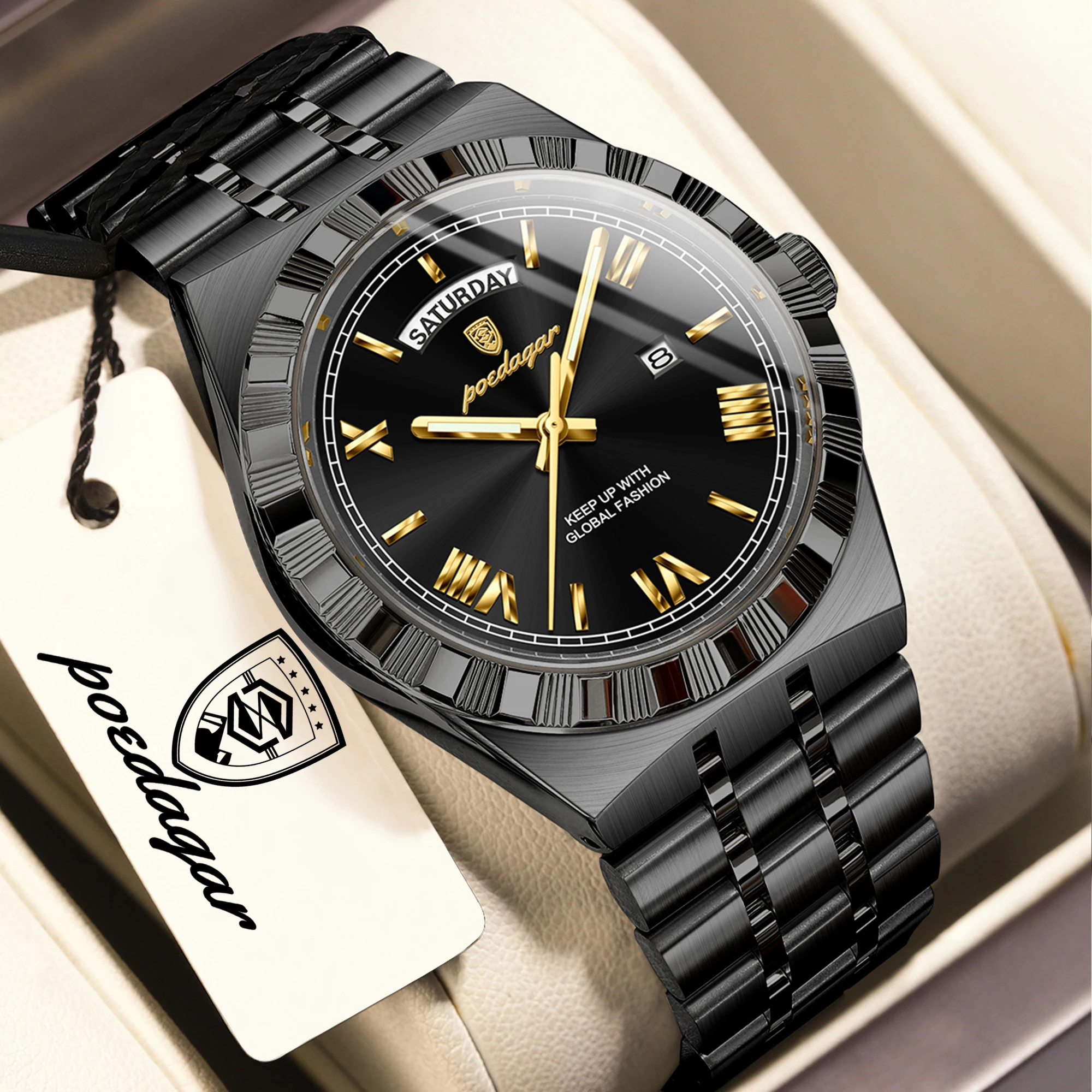 POEDAGAR Luxury Original Man Watch Week Date Waterproof Luminous Classic Watches For Men Stainless Steel Men's Quartz Wristwatch