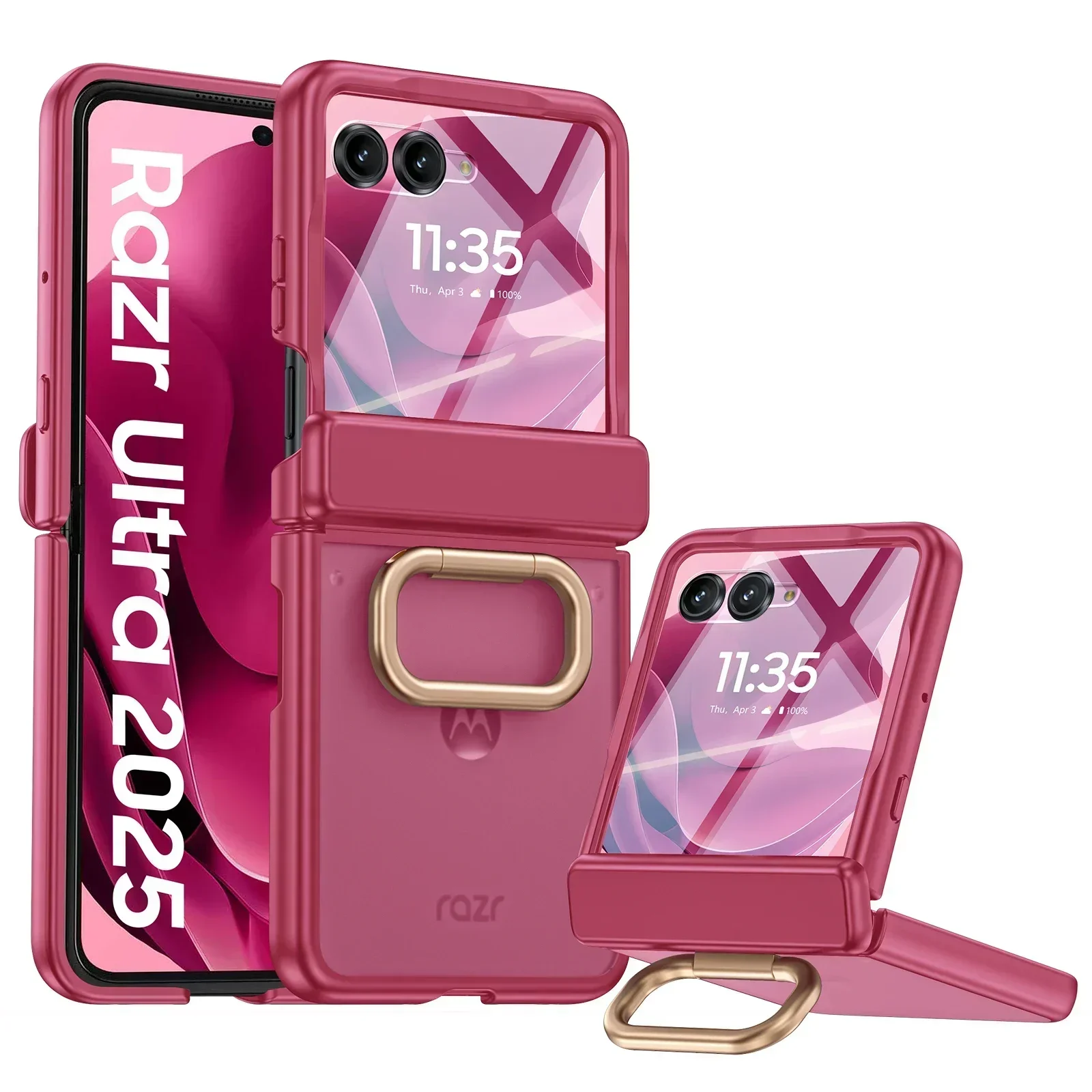 

for Motorola Razr Ultra 2025 Phone Case with Kickstand,Hinge Protection,Screen Protector,Matte PC Shockproof Phone Case-Rose Red