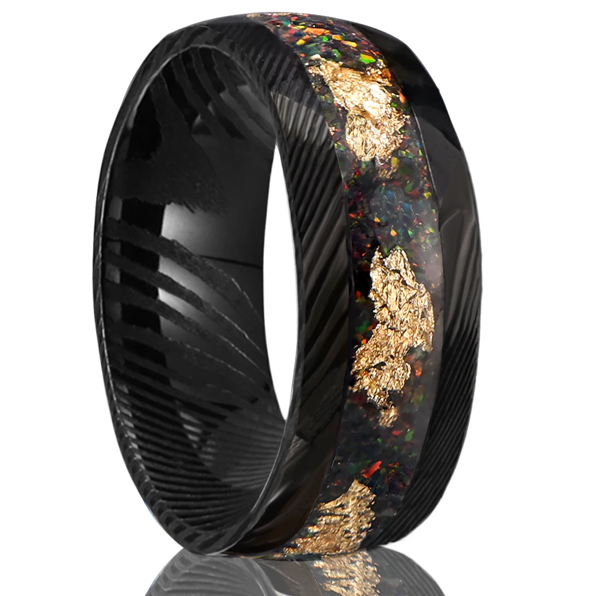8mm Black Damascus Steel Ring with Crushed Opal, Mens Wedding Band ring, Comfort Jewelry Accessories Gift.