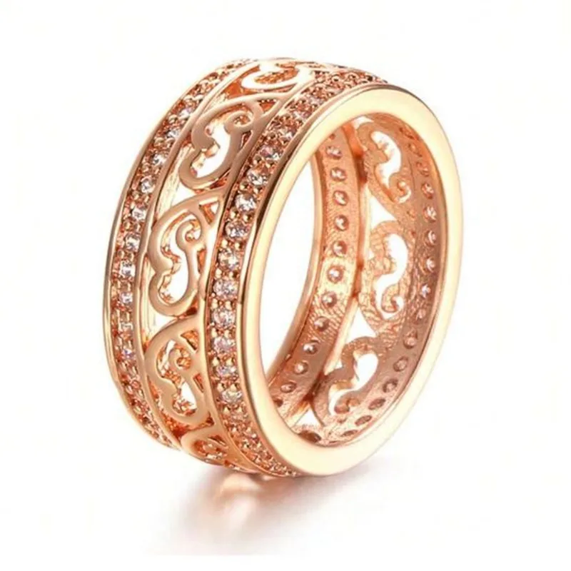 New Natural Zircon Ring for Women Double-row Micro-wax Inlay  Hollow Rose Gold Casual and Trendy Daily Wedding Party Wear