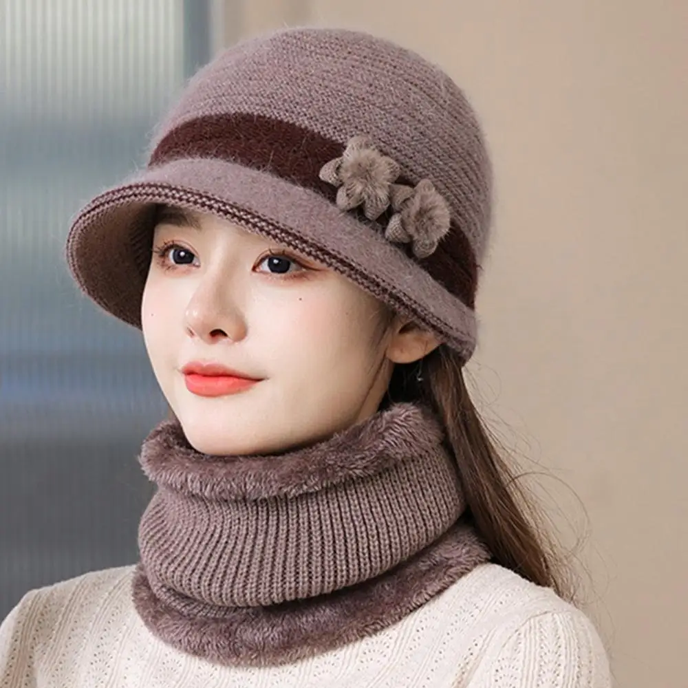 في الهواء الطلق المسنين منتصف العمر قبعة شتوية قبعة وشاح دافئ الصوف بطانة متماسكة قبعة بحافة يندبروف قبعة طقم أربطة عنق للنساء