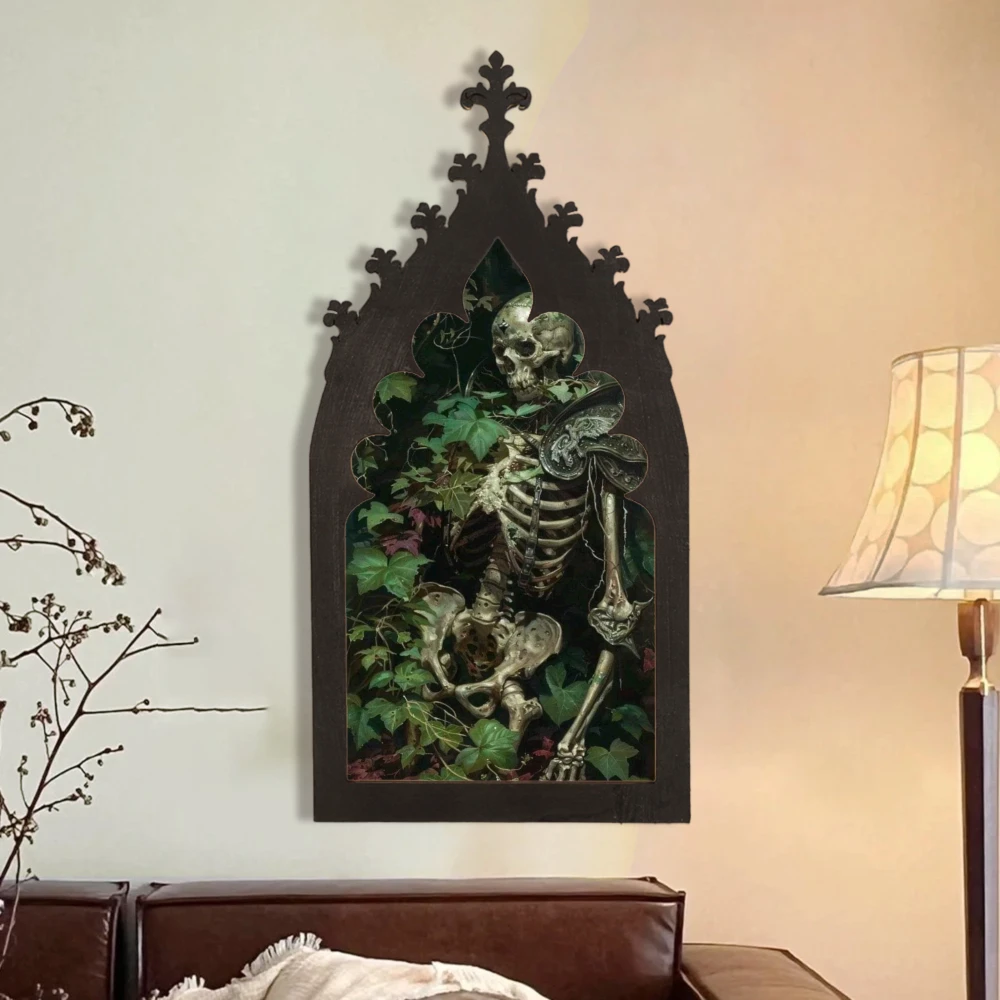Cross-Border Gothic Church Window-Shaped Dark Skeleton and Vines Wooden Wall Plaque For Dark Retro Home Wall Decoration Scenario