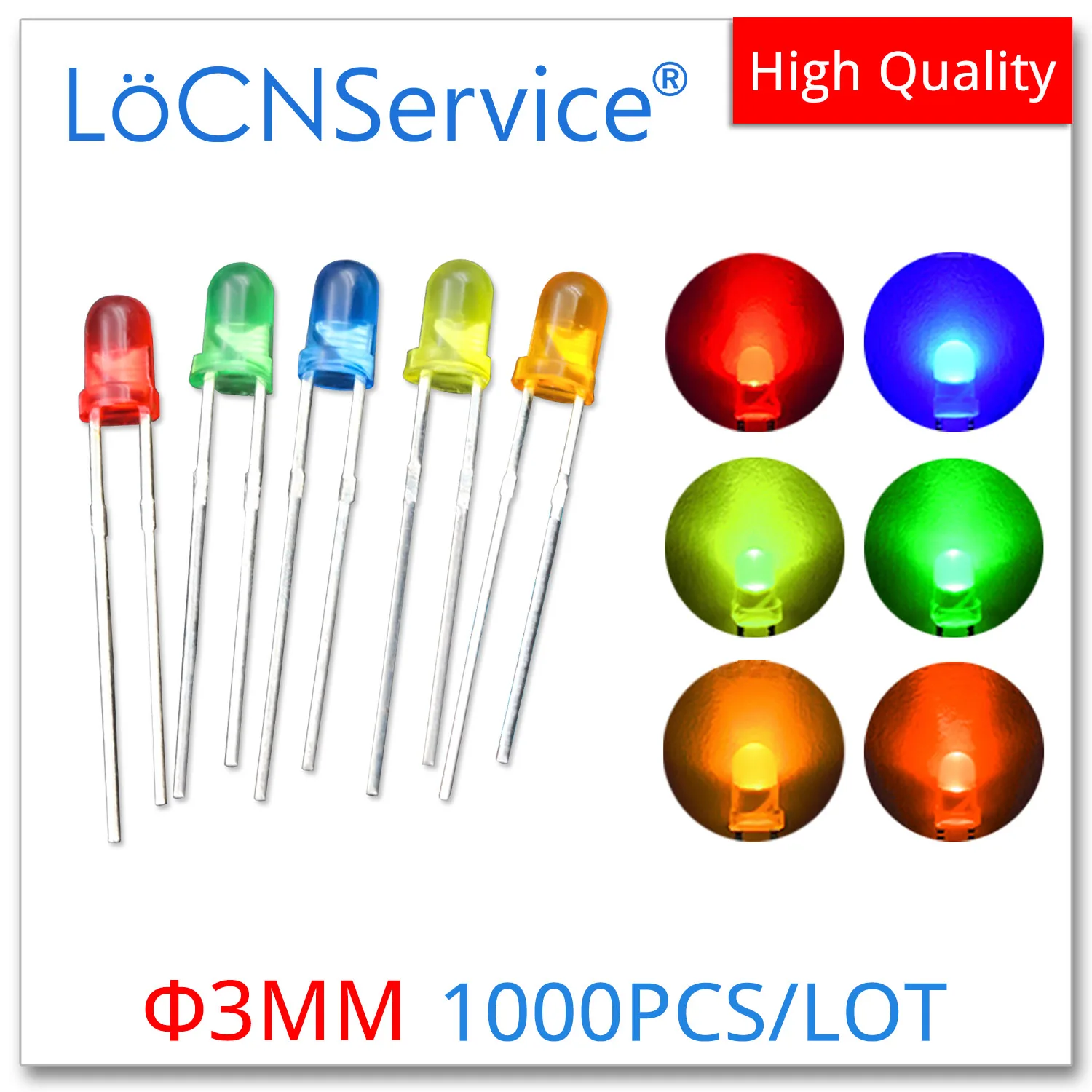 Locnservice 1000 pçs 3mm f3 difundido vermelho azul puro verde branco amarelo laranja dip led de alta qualidade grânulo luz emitindo diodos leds