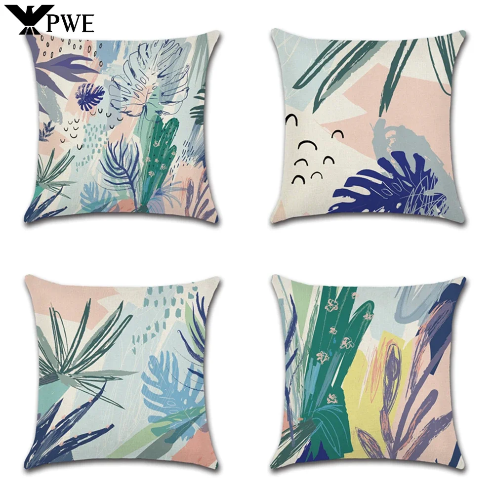 

Customizable Handpainted Tropical Flower Cushion Cover Tropical Green Leaf Pillowcase Decorative Pillow Sofa Throw Pillowcase