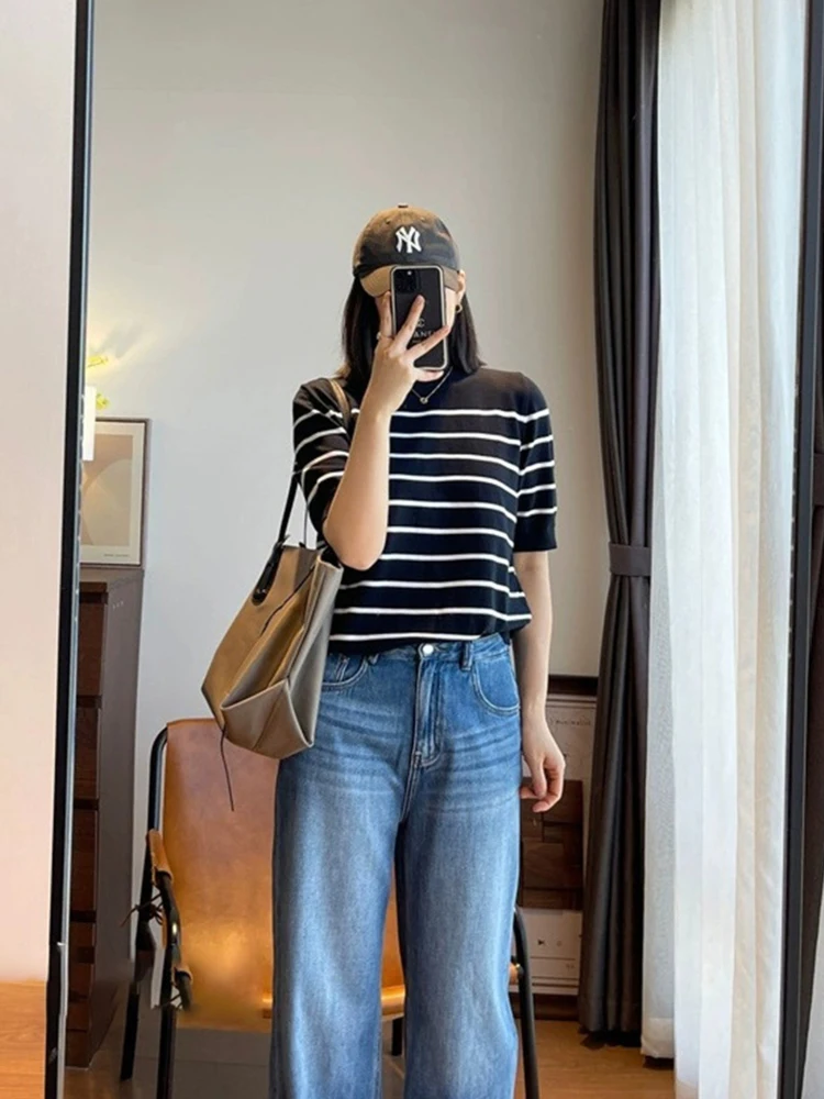 Sommer Faionable Farbe Blo Streifen ort Sve Gestrickte Pullover frauen runde Ne Pullover Top Koreanische Sle Lose Fit