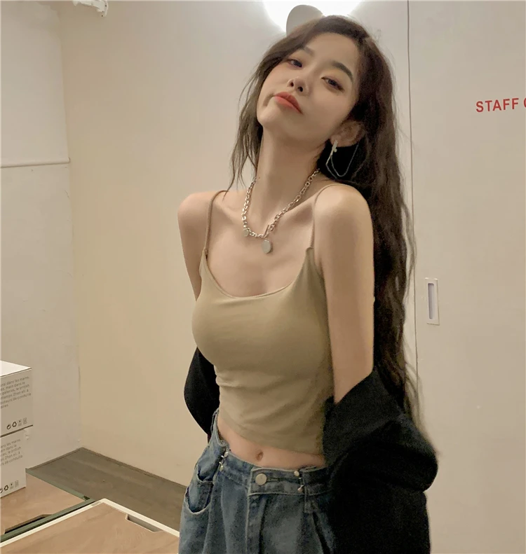 Summer French sle Sling Fashion Beau Back Vest Strap Chest Pad Bottoming Shirt Women New Sweet Gyaru  Short Top