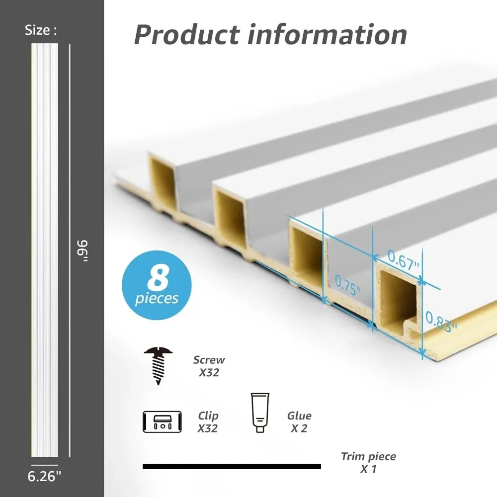 Pacote com 8 96 x 6 pol. Painel de parede de ripas acústicas WPC para decoração interior moderna, fundo de TV, sala de estar, branco fosco