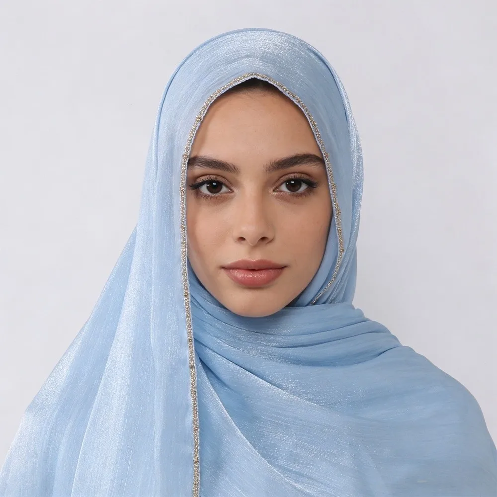 High Qulaity Solid Color Silk Scarf Shining Unilateral golden chain Chiffon Hijab Veil Long Chiffon Sunscreen Headscarf Outdoor