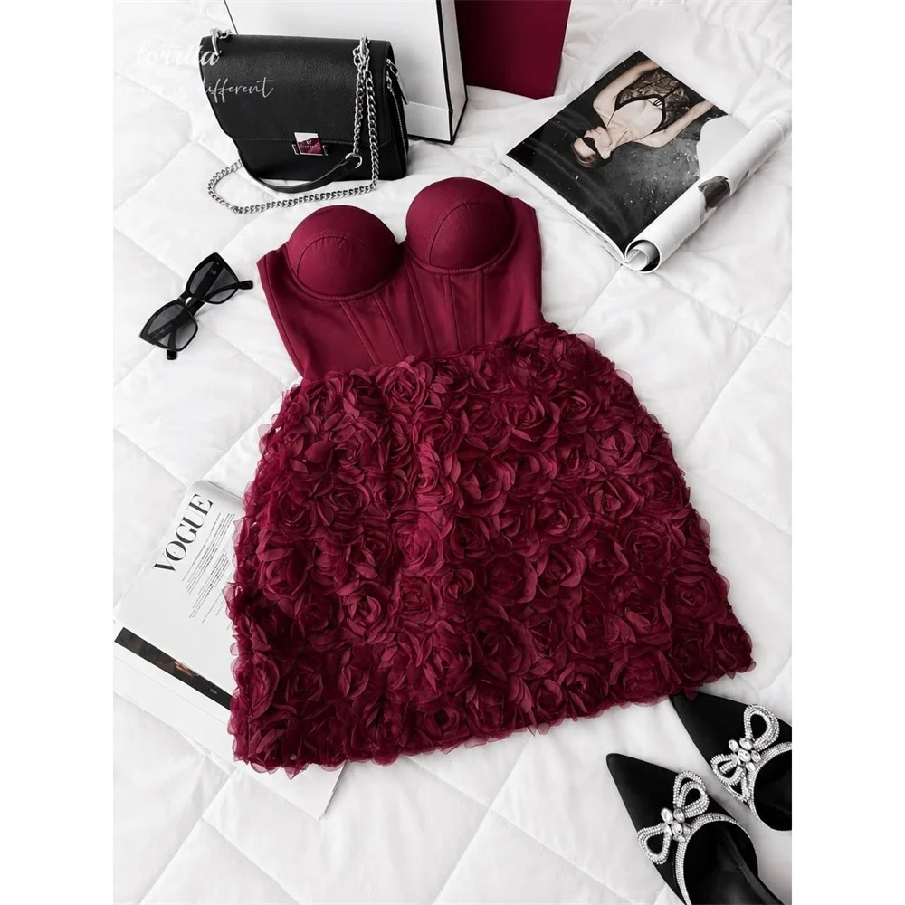 Lorrtta Satin Sweetheart Wine A-Line Homecoming Dress Strapless Neckline Molded Cups 3D Skirt Flowers Robes De Soirée Customized