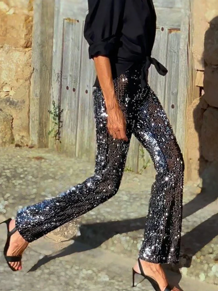 Elegant Sequins Patchwork Trousers for Women High Waist Slim Fit Chic Holiday Pants Spring Summer Simple Flare Pants Streetwear