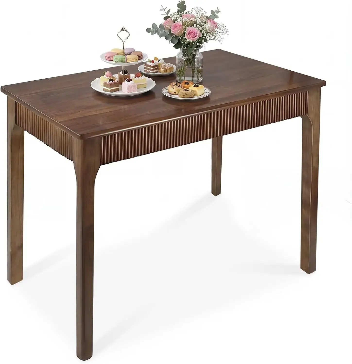 Walnut 31.5 Inch Rectangular Solid Wood Dining Table for 2 People, Modern Farmhouse Mid-Century Fluted Table, Multi-Purpose Wooden Desk for Small Spaces Apartment Living Room