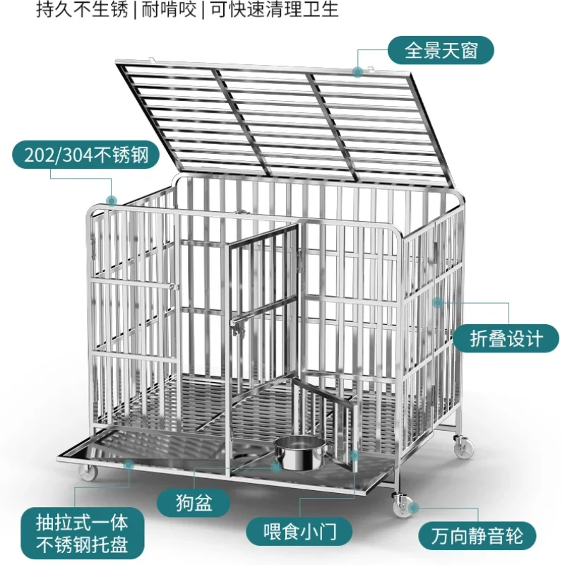 Stainless steel dog cage folding cage large indoor and outdoor cage bold iron  cat  teddy with toilet