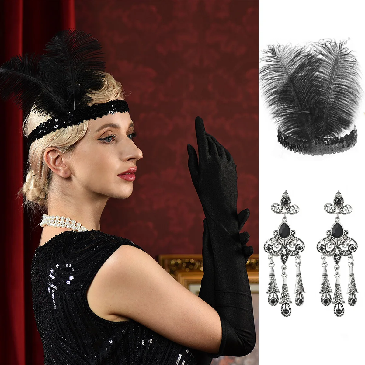 2 stücke Frauen große Gatsby Single Party Feder Haar Zubehör Ohrringe Make-up Ball Dinner Party Leistung Haar Zubehör