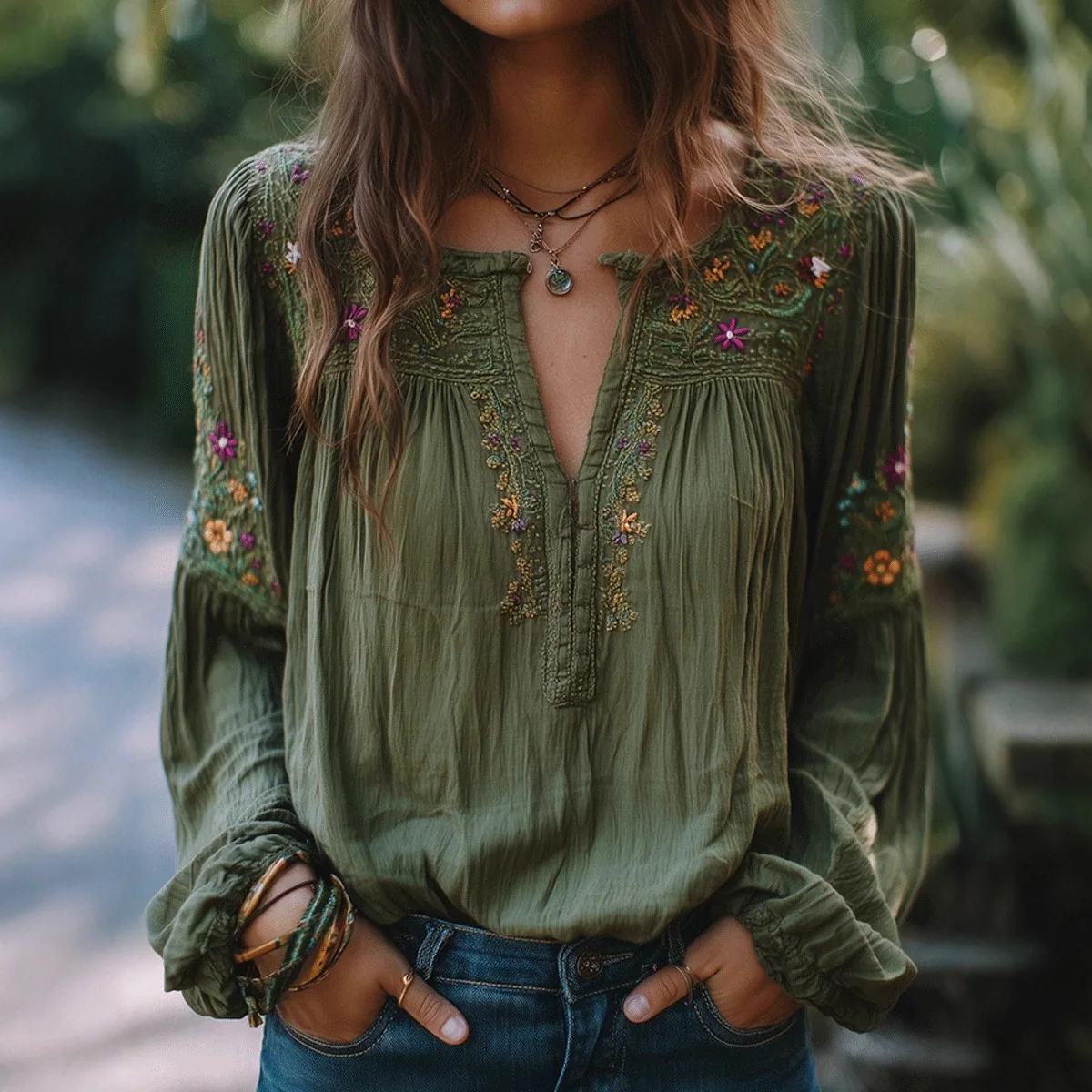 Women's Embroidery Print V Neck Half Placket Long Sleeve Blouse Loose Fit Elegant Versatile Trendy Casual Commute Daily Wear Top