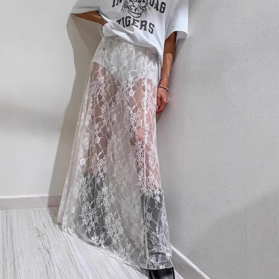Summer Lace Skirt Women's Elegant Perspective Stacking High-waisted A-shaped Skirt Long Skirt Women's Clothing