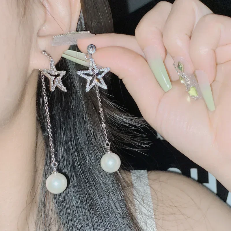 

MDL Moissanite Style Pentagram Tassel Earrings Female Temperament Pearl Earrings Drop Earrings With Earrings