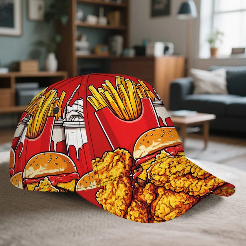 Fast Food Print Snapback Cap Adjustable Baseball Hat Suitable for Travel Group Outfits Holiday Events Lightweight Polyester Hat