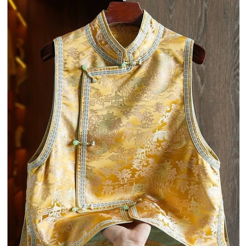 

2025 весенне-осенний винтажный китайский жаккардовый жилет с цветочным принтом, золотой, зеленый, пальто Тан для женской одежды, женские элегантные жилеты Добби, пальто