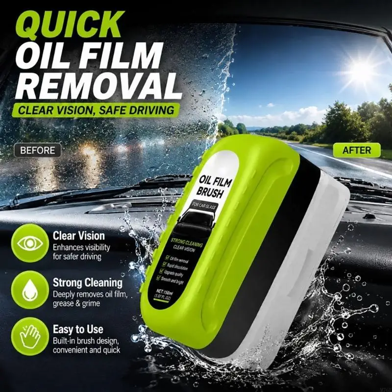 M76E Integrated Windshield Cleaner Brush for Car Glass, Wide Fiber Scrubber for Oil Film, and Everyday Driver Cleaning