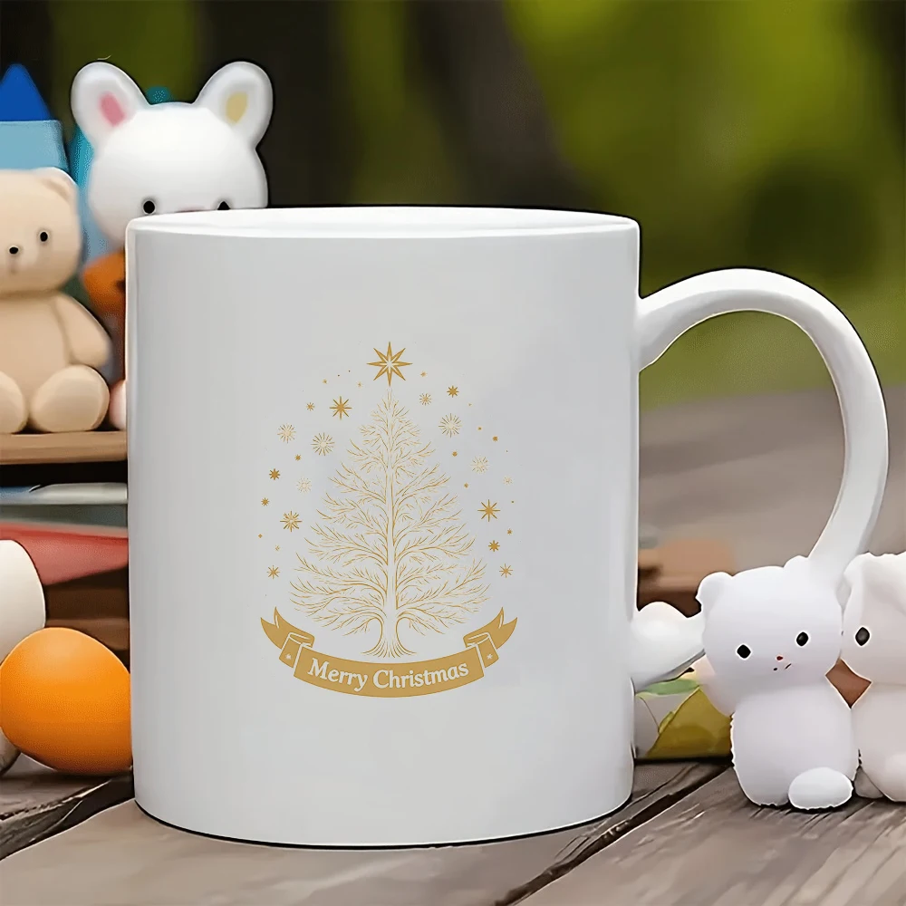 Taza de 11 oz + pegatina dorada de árbol de Navidad + Feliz Navidad + taza para niños, taza de café para oficina familiar, regalo de Navidad