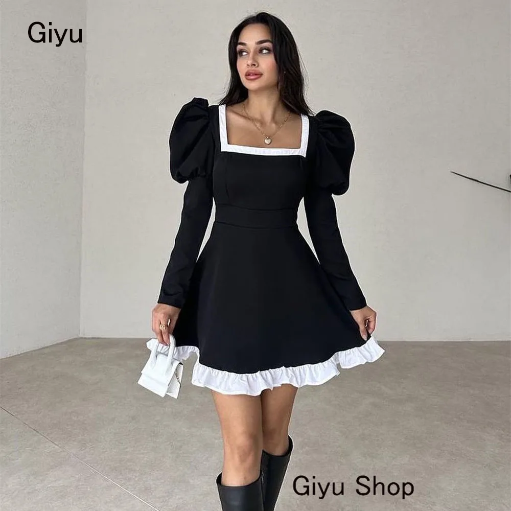 

Giyu Black A-line Prom Dress Square Collar Draped Mini-length Above The Knee Birthday Party Dress Summer Dress Cocktail Dress