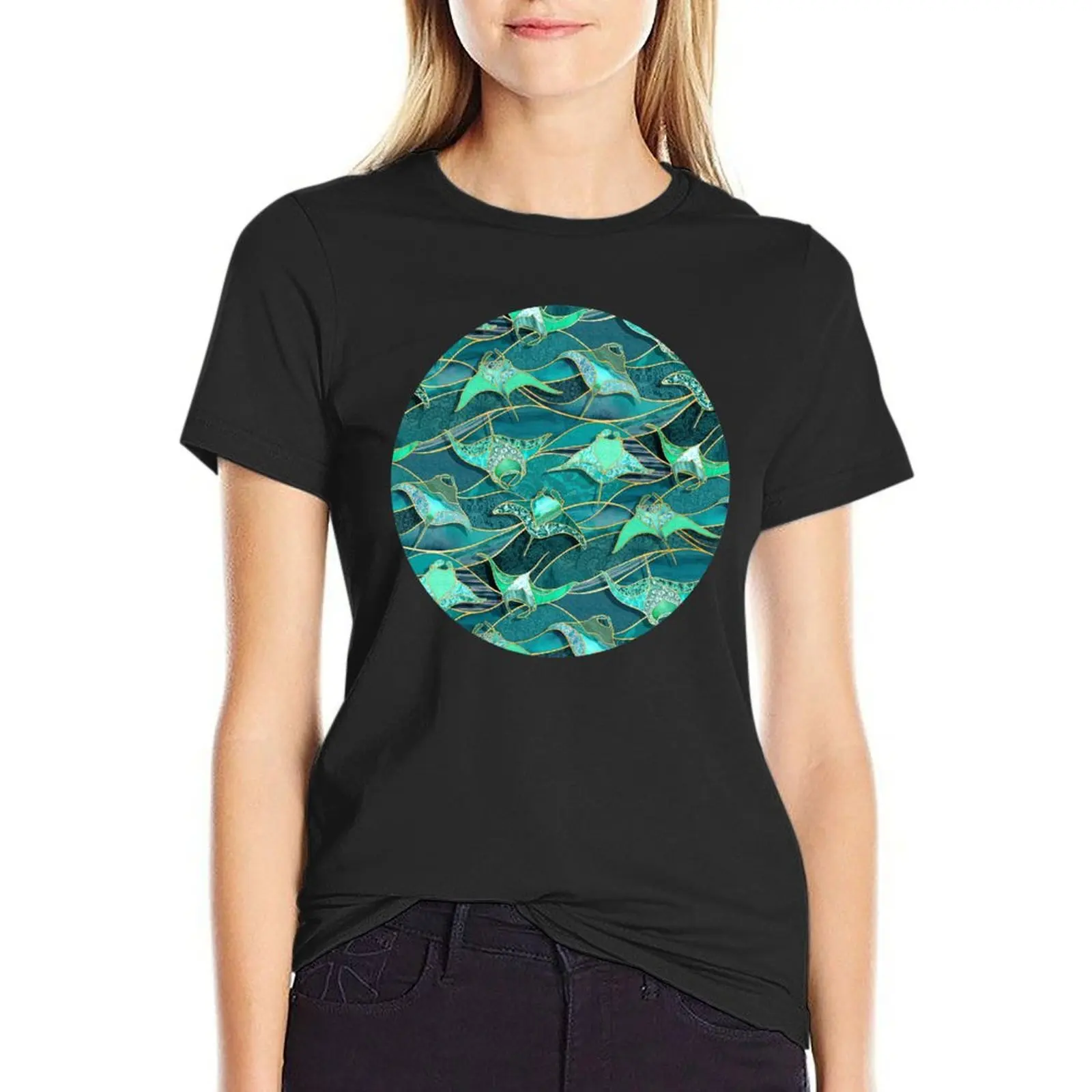 Patchwork Manta Rays in Jade and Emerald Green T-Shirt quick drying hippie clothes blanks t-shirt dress for Women long