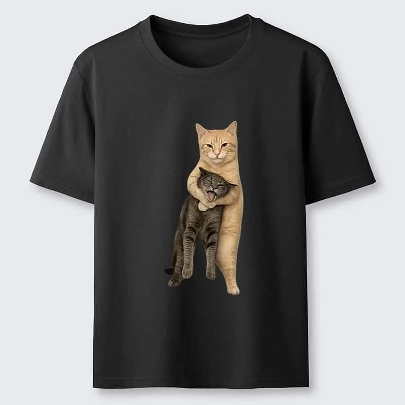 2026 Summer Funny Personification Hugging Cat American Retro Unisex Summer Fun Cute Pet Pure Cotton Printed Short Sleeved Shirt