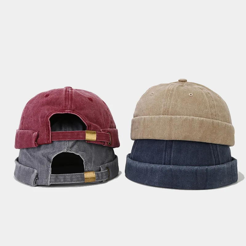 Einfarbig Gewaschen Docker Beanie Brimless Cap Mode Hip Hop Männer Schädeldecke Einfarbig Manschette Docker Fischer Mützen Straße Hüte – Detail 3