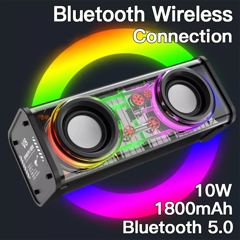 Punk Style Dual Speakers Transparent Mechanical Wireless Bluetooth 5.3 Speakers LED TWS Bass Diaphragm Sound Soundbar