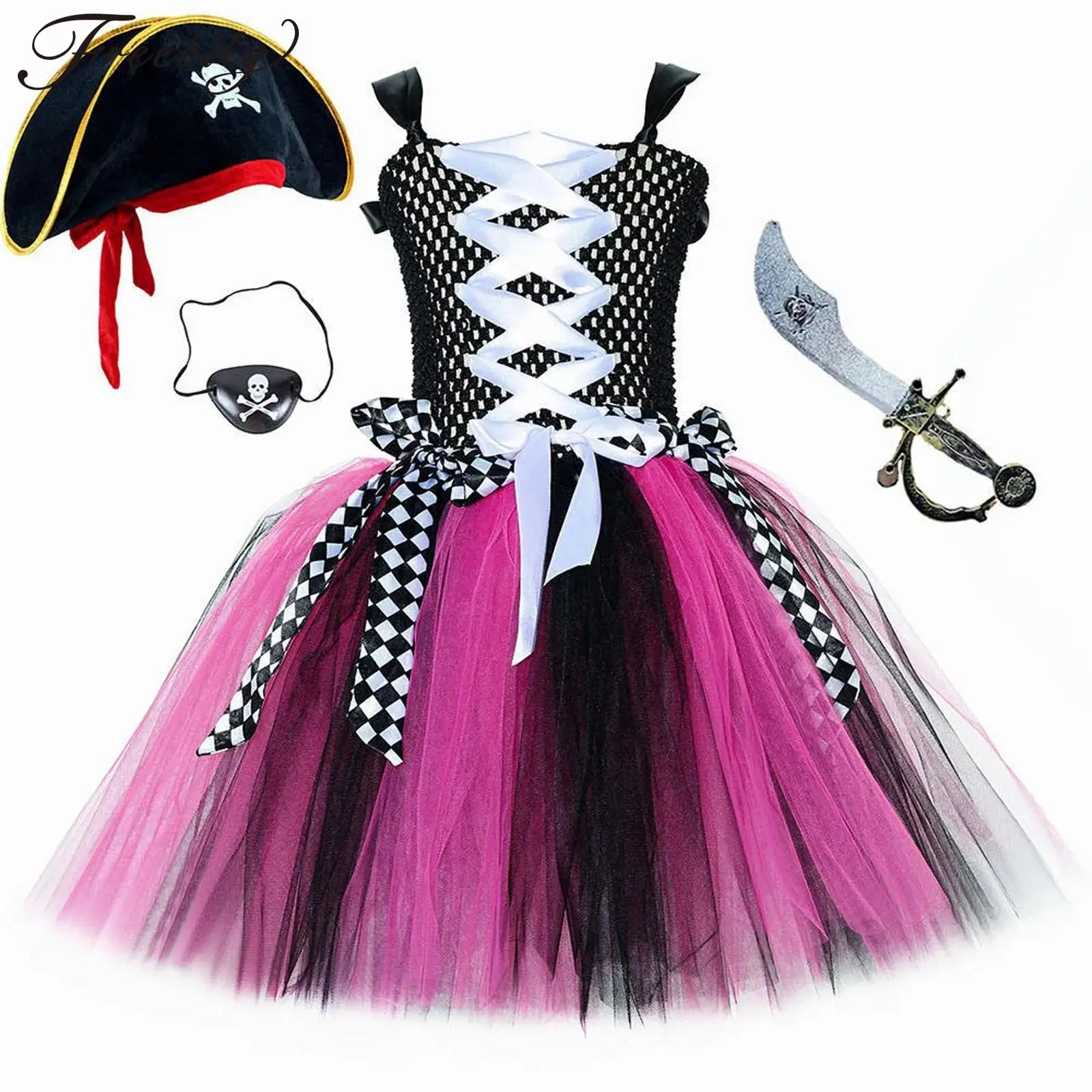 Girls Pirate Cosplay Costume Halloween Medieval Vikings Pirate Princess Dress Up Tie-Up Shoulder Straps Puffy Mesh Dress Hat