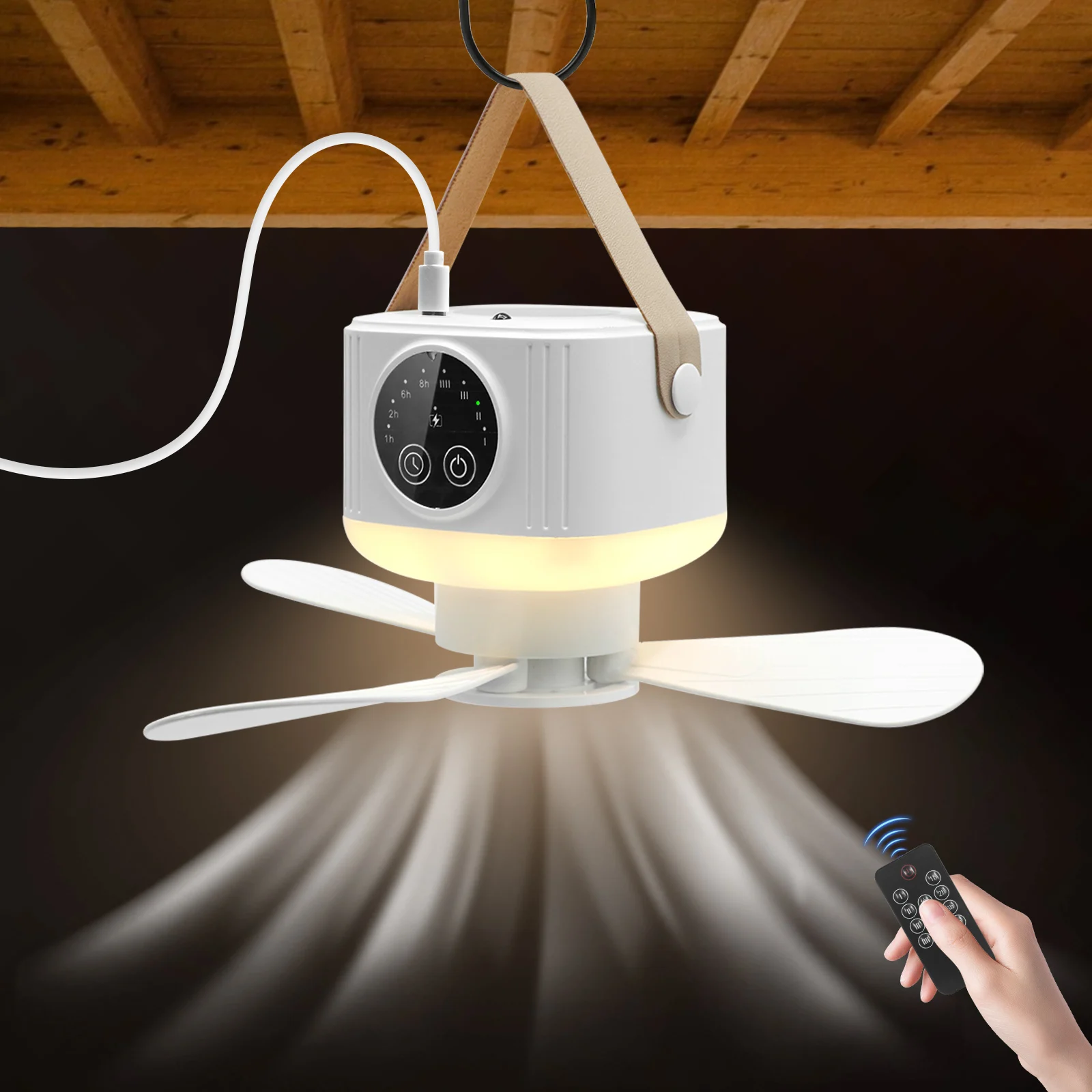USB Ceiling Fan Portable Outdoor Camping Tent Hanging Fans Air Circulators with Remote Control Light USB Plug-In Style Fan
