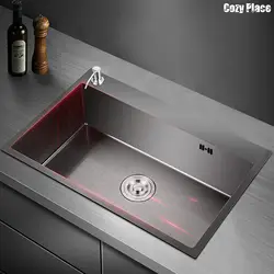 Juego de fregadero de cocina moderno, fregadero de acero inoxidable en encimera, 1 ranura con lavabo Vegatable, accesorios de drenaje, dispensador de jabón, negro mate