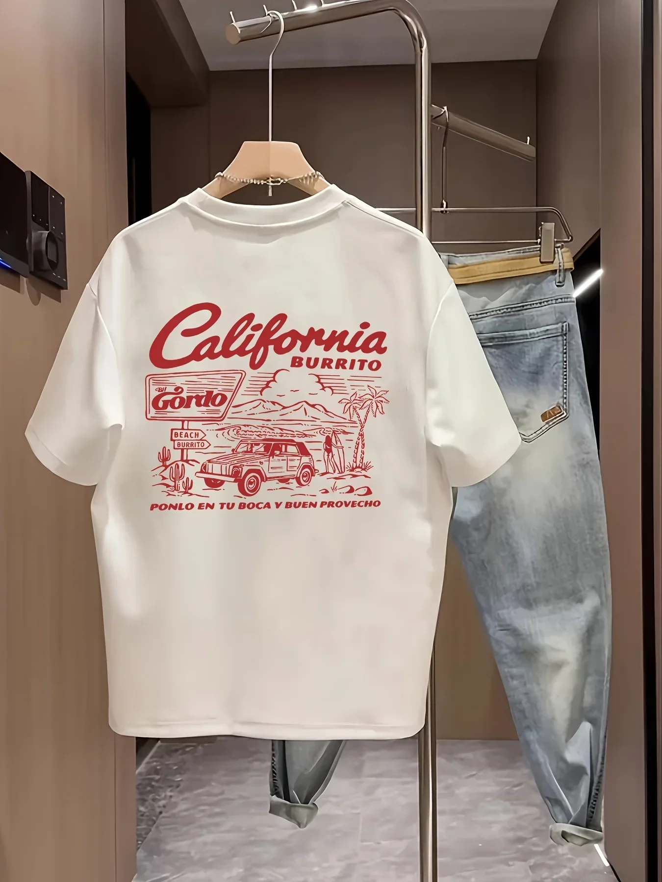 Camiseta Vintage California Burrito Masculina, Camiseta Oversize de Algodão com Gráficos Retrô da Costa Oeste, Top Estilo Streetwear de Verão