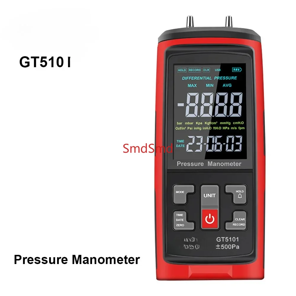 Differential Pressure Meter Pressure Meter ±500Pa LCD Backlit Display 2 Port Digital Manometer Air Pressure Gauge