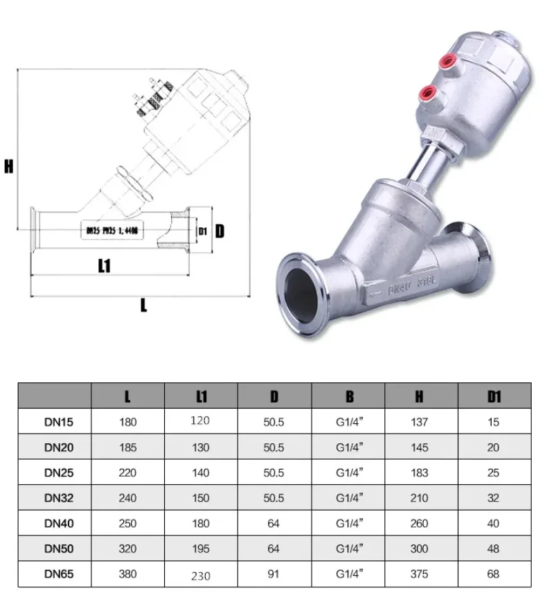304 Stainless Steel Pneumatic Quick-install Angle Seat Valve 16bar Angle Seat Valve PTFE Sealing 1/2